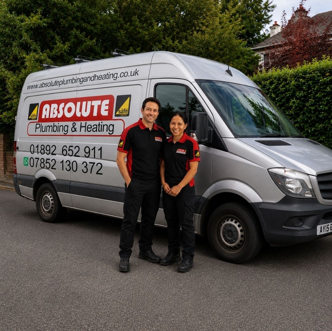 "Absolute Plumbing & Heating Worcester Accredited boiler installers in Crowborough standing in front of their company van." "Absolute Plumbing & Heating Worcester Accredited boiler installers in Crowborough standing in front of their company van."